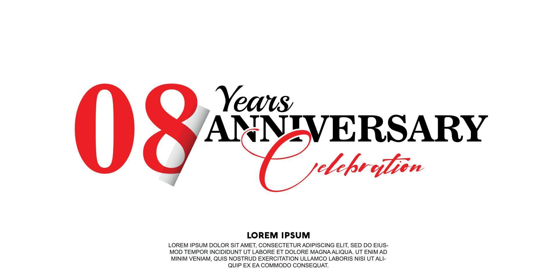08 year anniversary celebration logo vector design with red and black color on white background abstract
