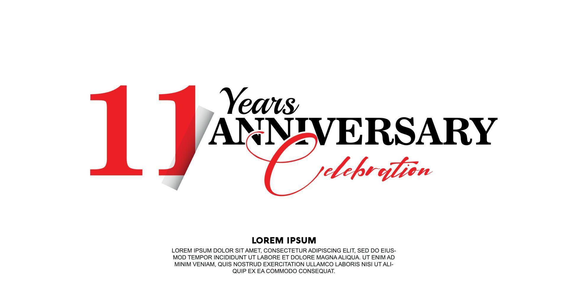 11 year anniversary celebration logo vector design with red and black color on white background abstract