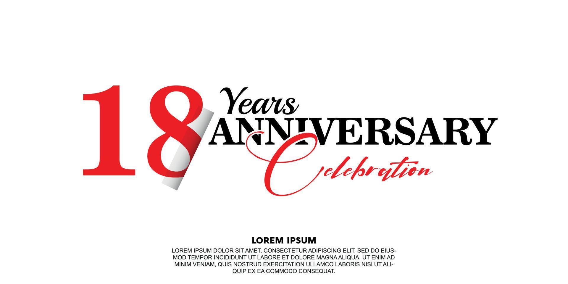 18 year anniversary celebration logo vector design with red and black color on white background abstract