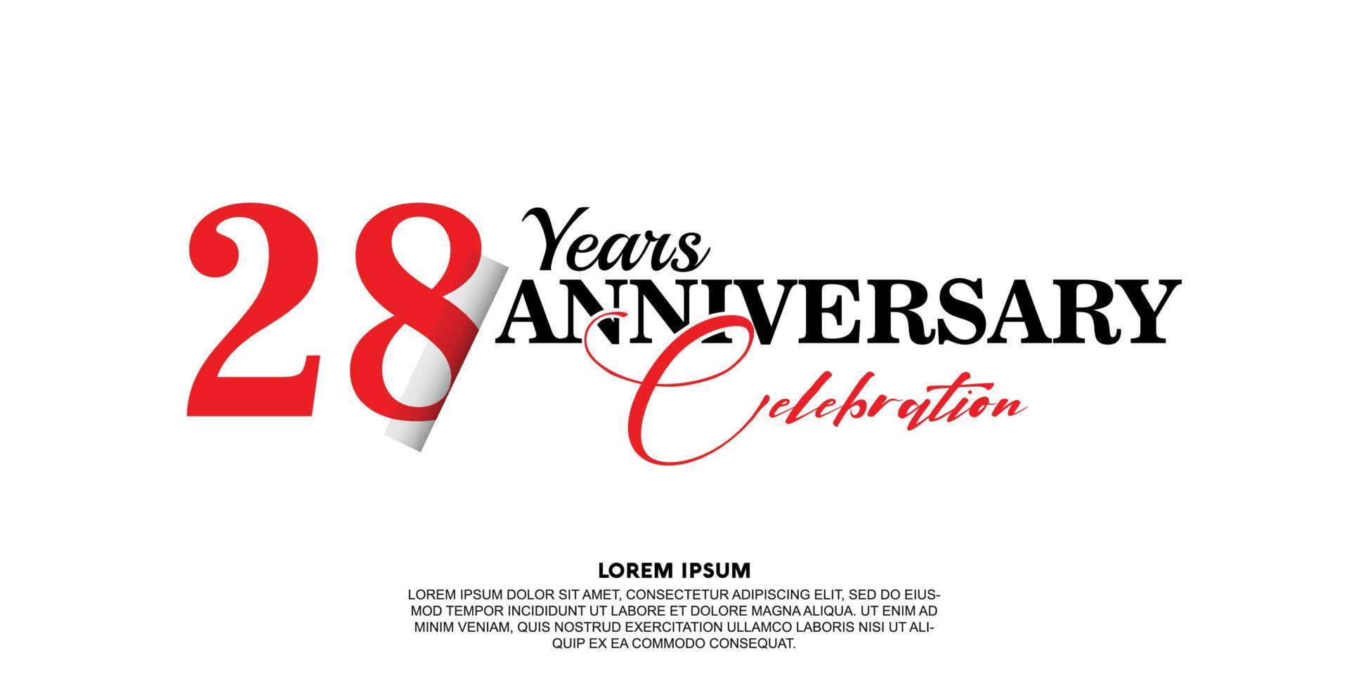 28 year anniversary celebration logo vector design with red and black color on white background abstract