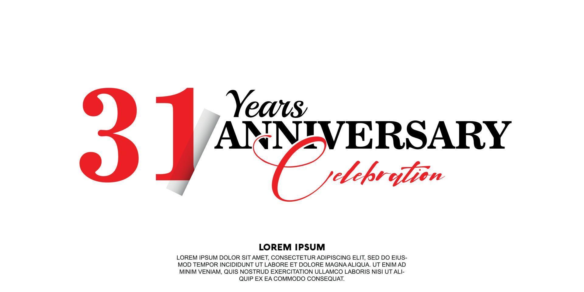 31 year anniversary celebration logo vector design with red and black color on white background abstract