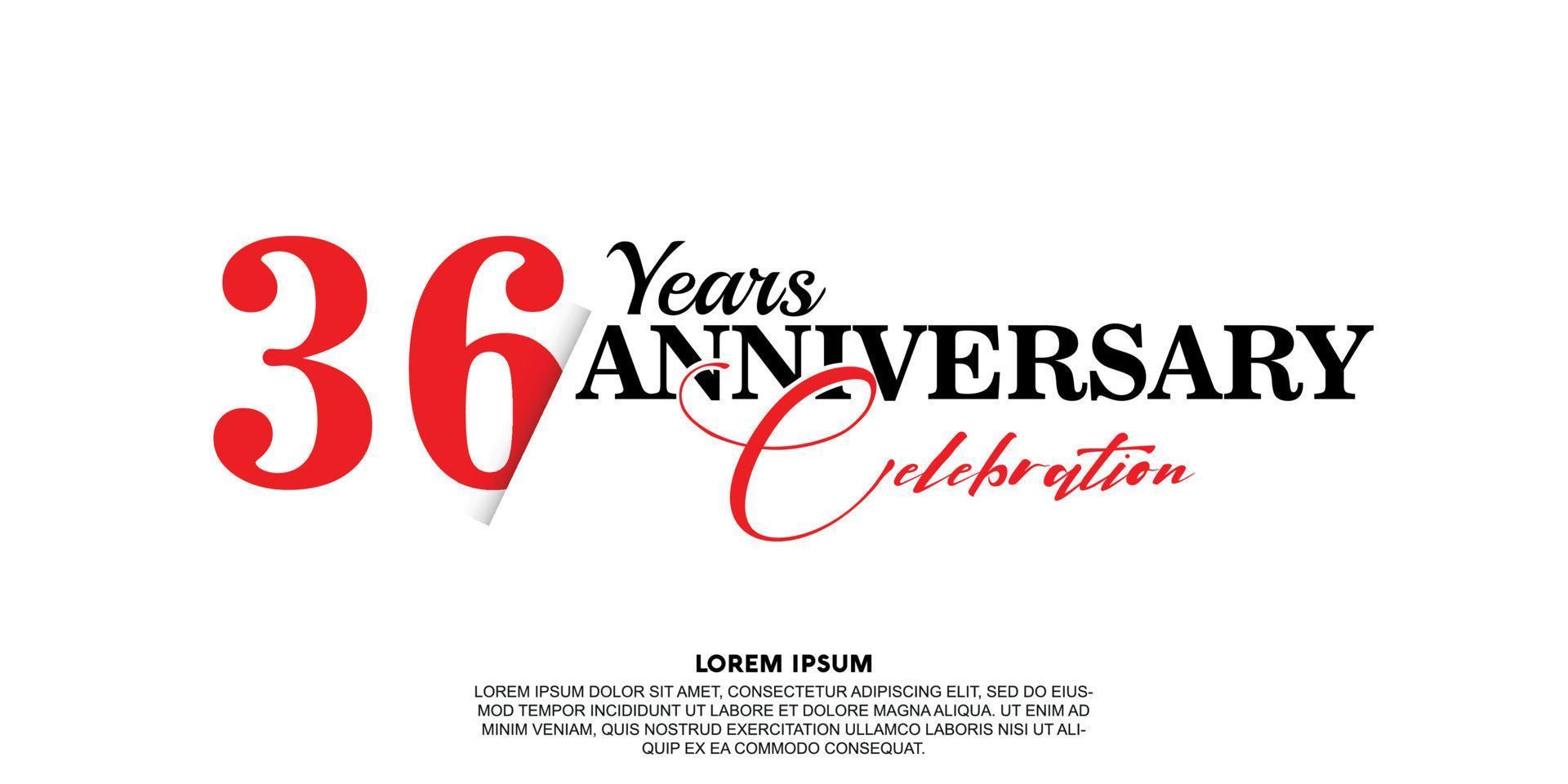 36 year anniversary celebration logo vector design with red and black color on white background abstract