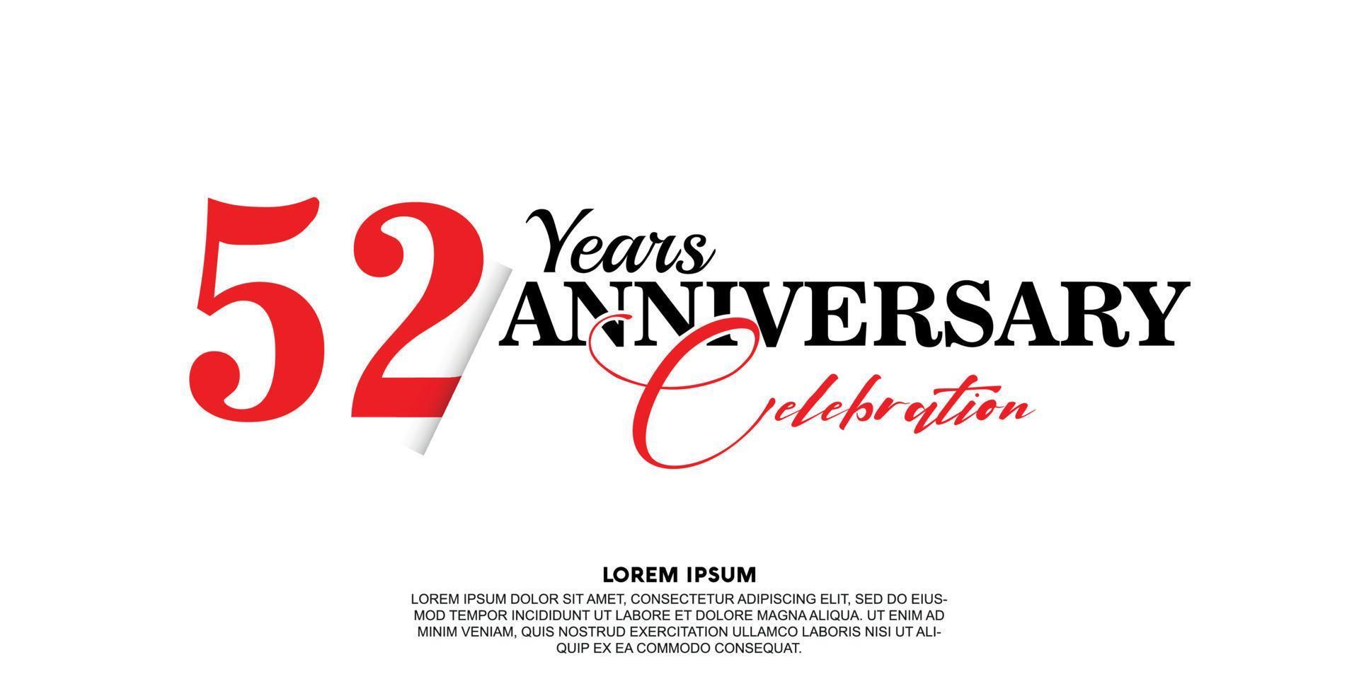 52 year anniversary celebration logo vector design with red and black color on white background abstract