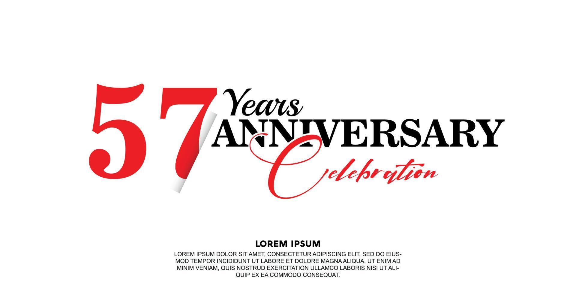 57 year anniversary celebration logo vector design with red and black color on white background abstract