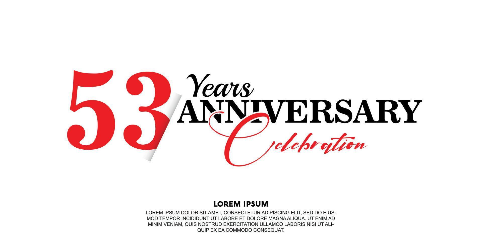 53 year anniversary celebration logo vector design with red and black color on white background abstract