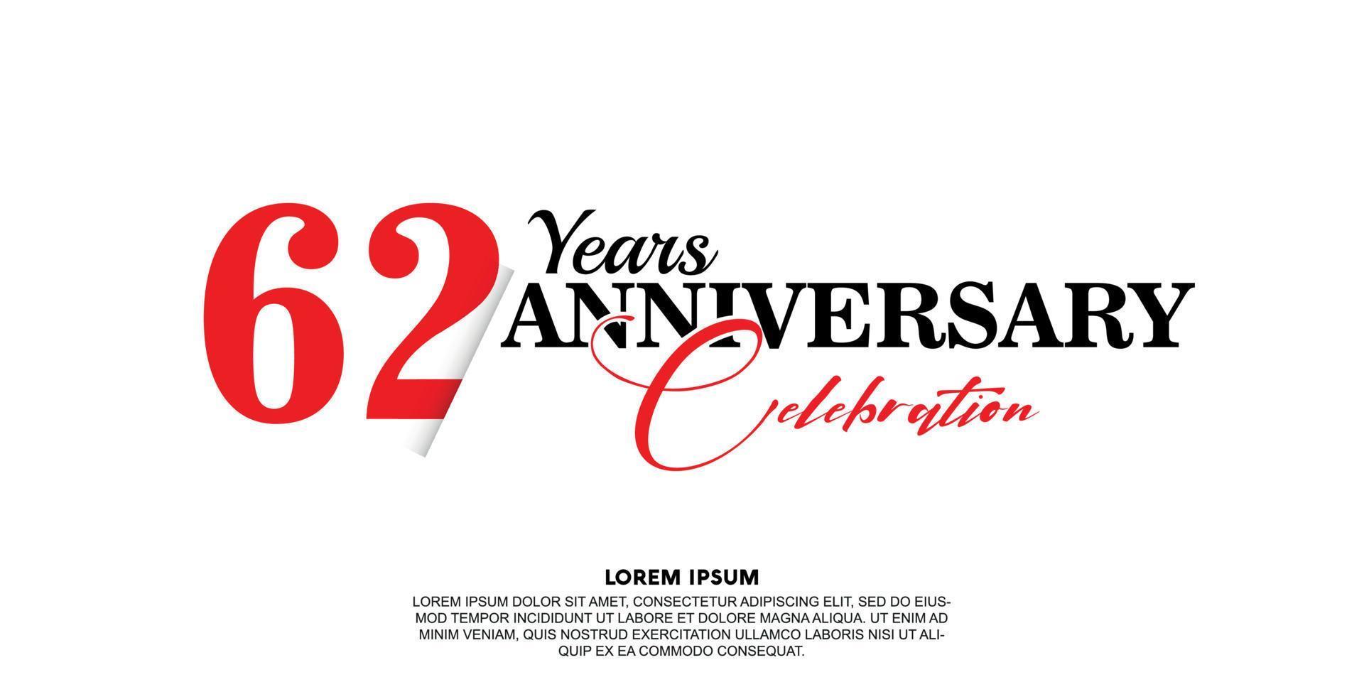 62 year anniversary celebration logo vector design with red and black color on white background abstract