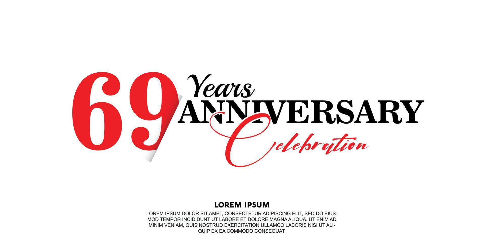 69 year anniversary celebration logo vector design with red and black color on white background abstract