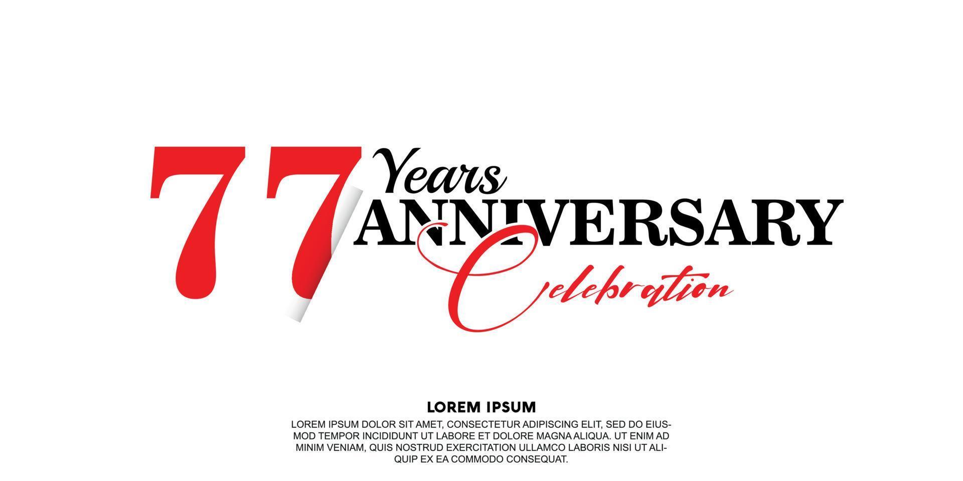 77 year anniversary celebration logo vector design with red and black color on white background abstract