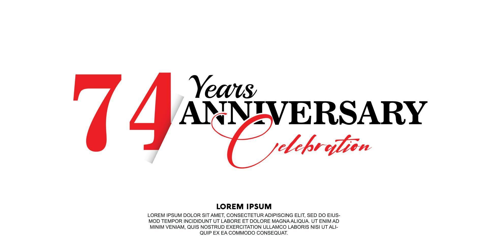 74 year anniversary celebration logo vector design with red and black color on white background abstract