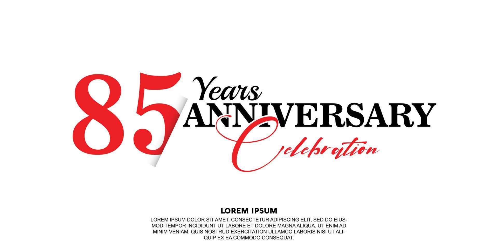 85 year anniversary celebration logo vector design with red and black color on white background abstract