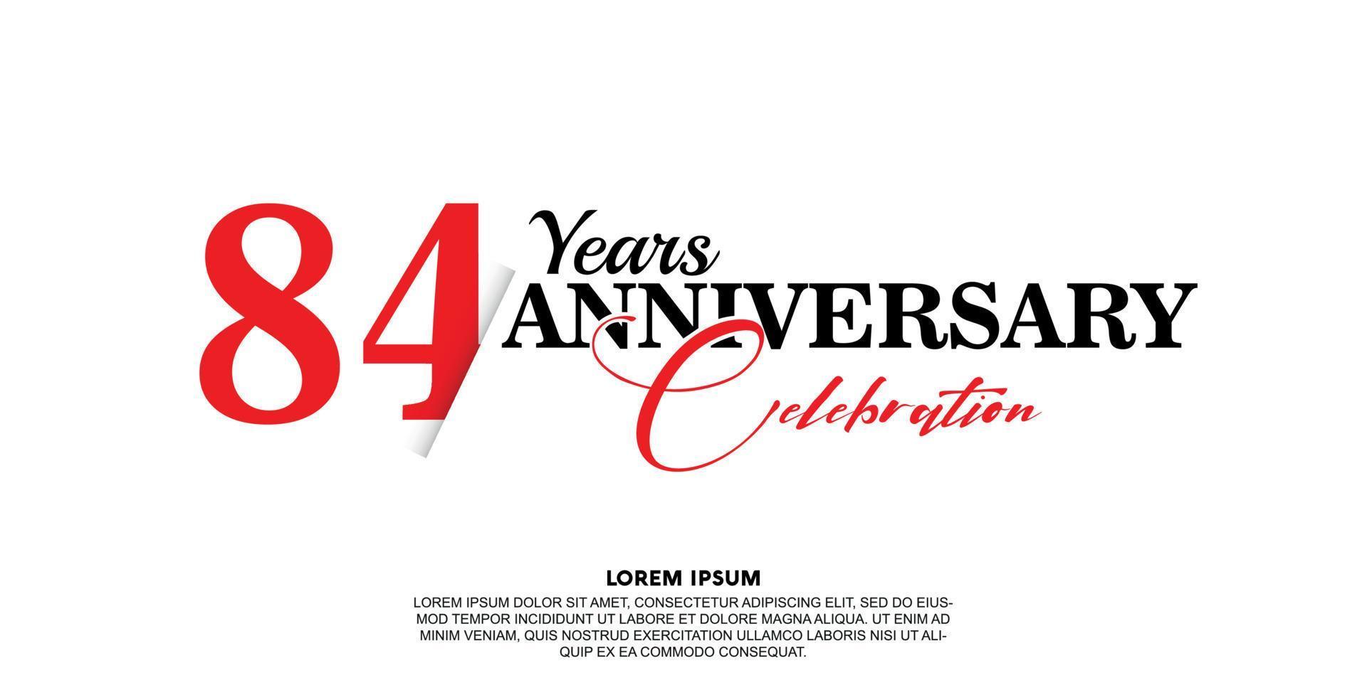 84 year anniversary celebration logo vector design with red and black color on white background abstract