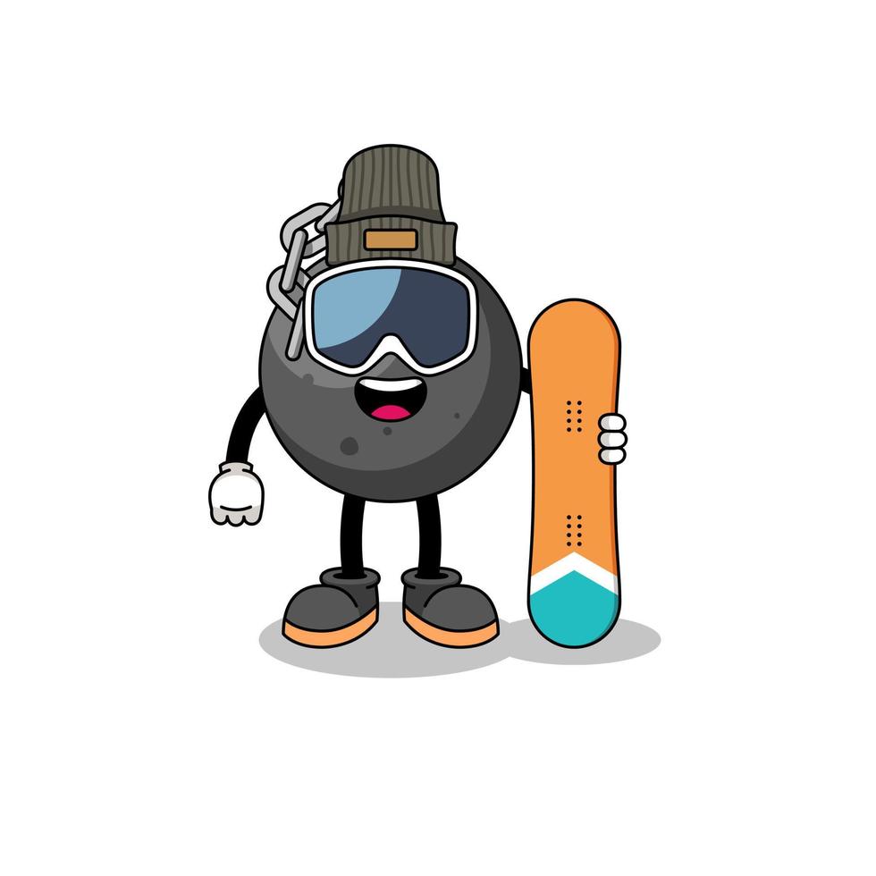 Mascot cartoon of wrecking ball snowboard player vector