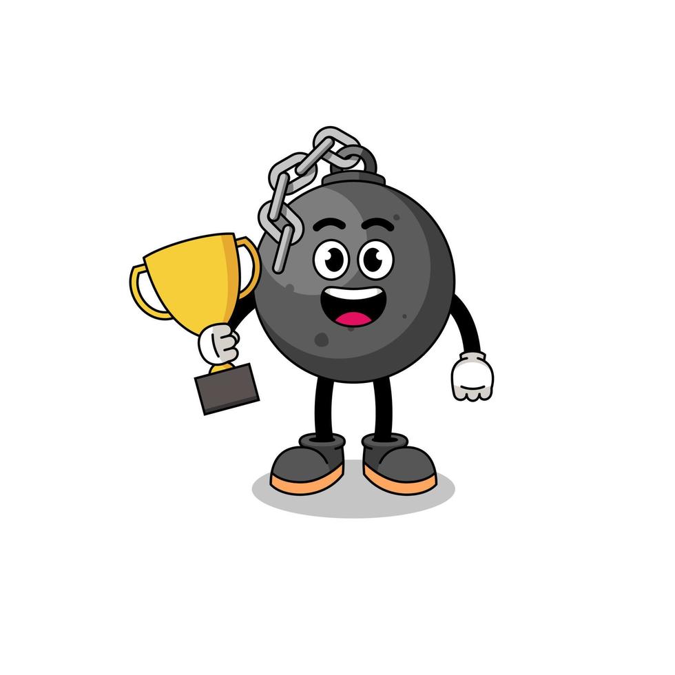 Cartoon mascot of wrecking ball holding a trophy vector