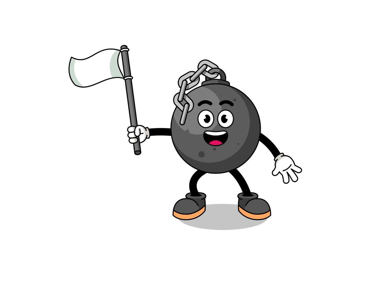 Cartoon Illustration of wrecking ball holding a white flag vector