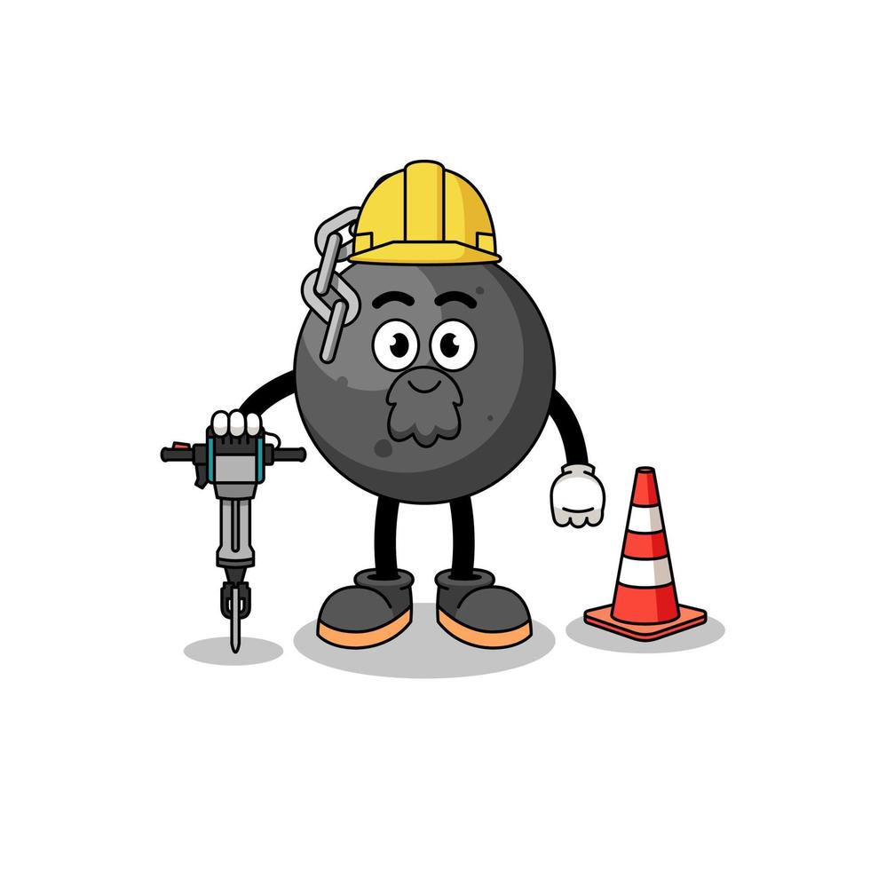 Character cartoon of wrecking ball working on road construction vector