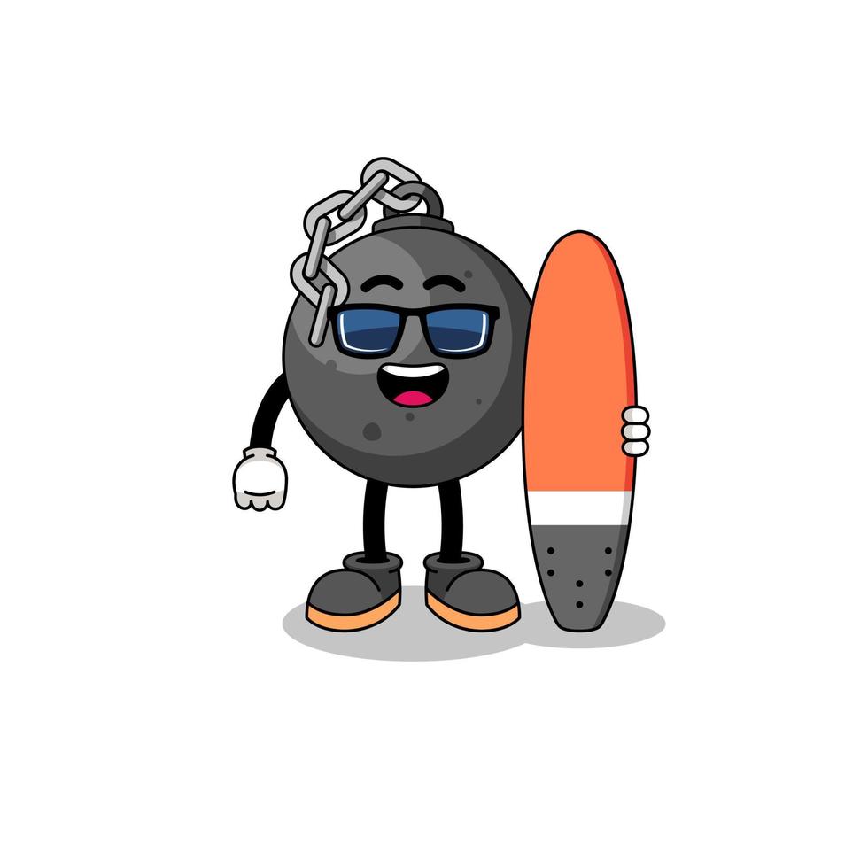 Mascot cartoon of wrecking ball as a surfer vector