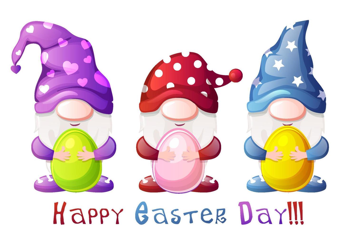 Cartoon gnomes with Easter eggs. Ilustration postcard banner happy easter for design. vector