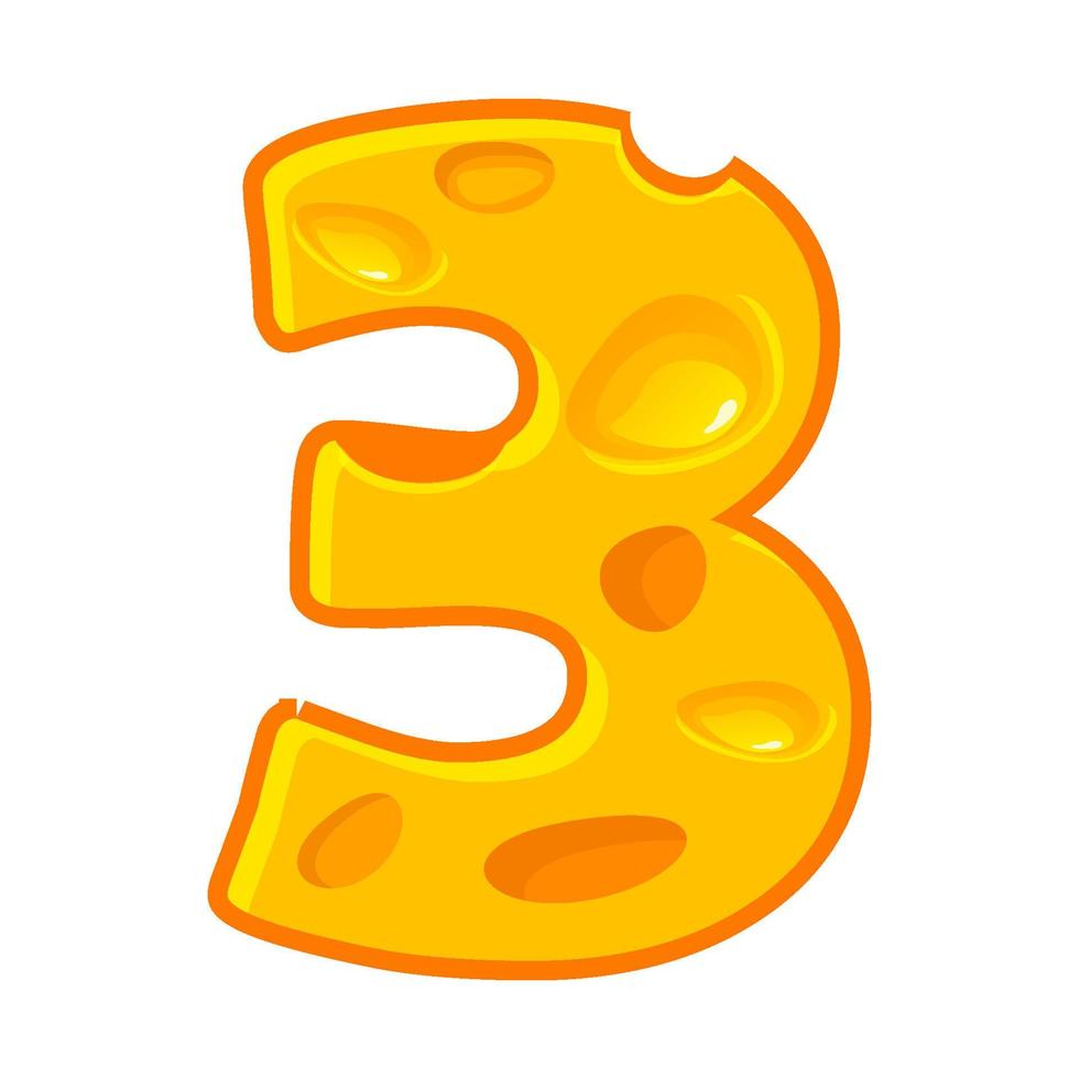 Cheese number 3. Three font kids number. Vector Figure 3