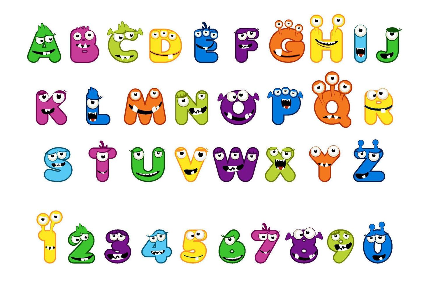 Cute Monster Alphabet and set of monster numbers vector