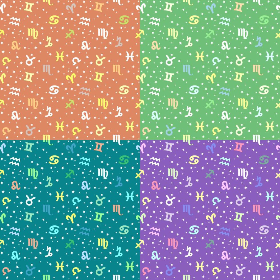 Backgrounds with zodiac signs. Set of seamless astrology patterns with zodiac signs in four colors vector