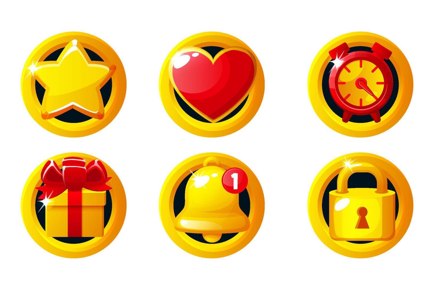 Set of golden game icons- star, heart, clock, gift box, bell and lock. Game App Icons vector