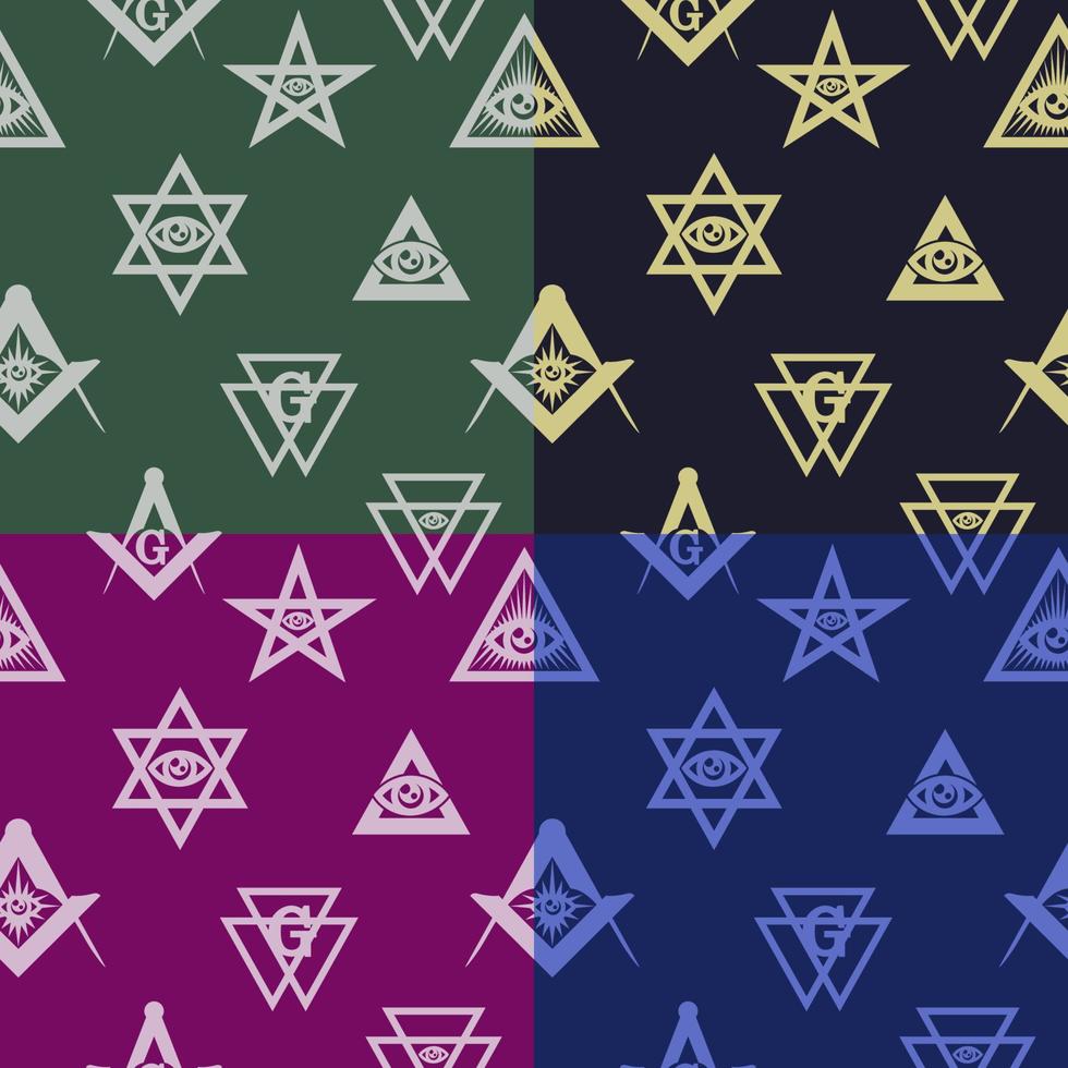 Set of seamless patterns with Masonic symbols. Colored simple geometric backgrounds. Stylized eyes, magic compass, star and pyramid vector