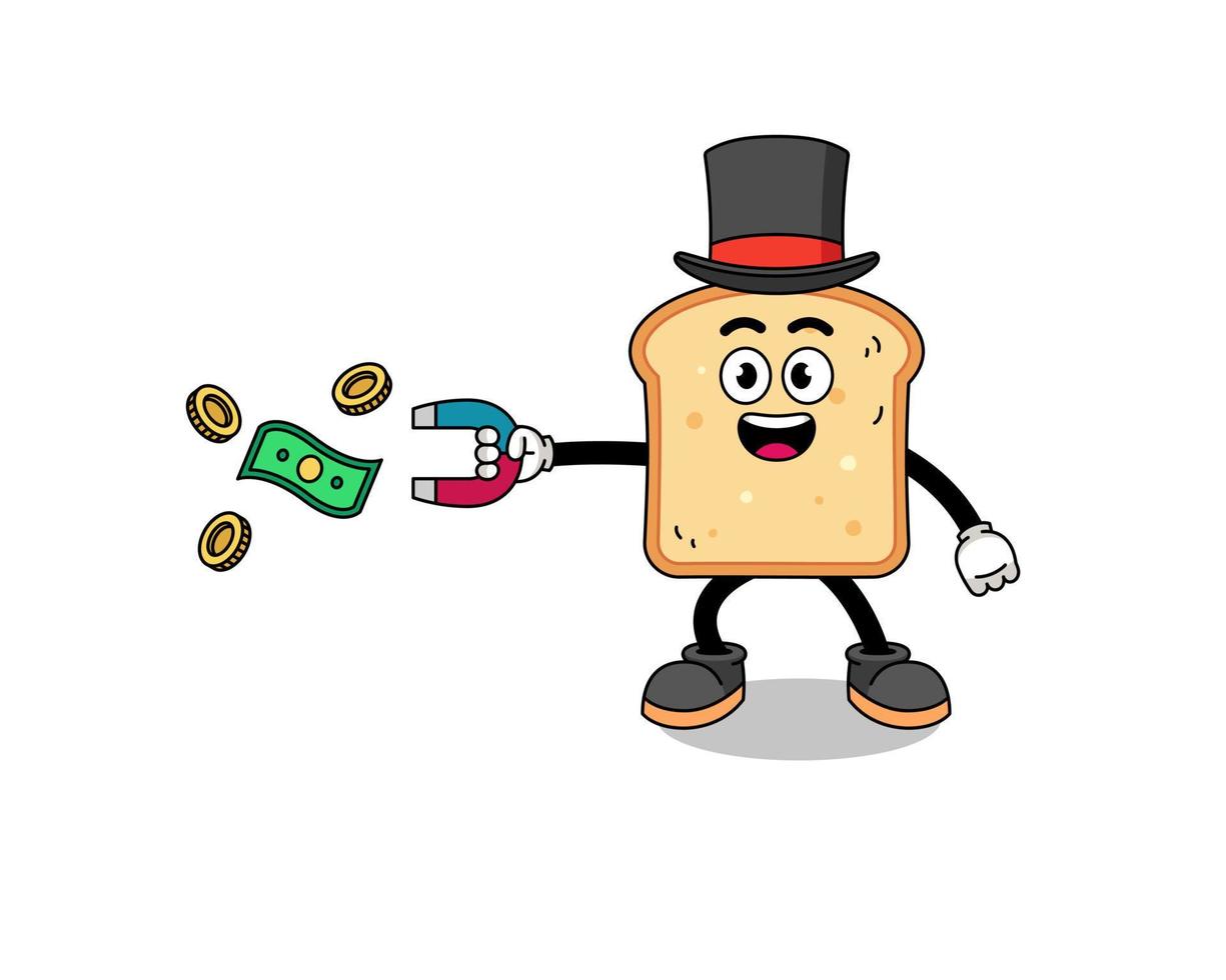 personaje ilustración de un pan atrapando dinero con un imán vector