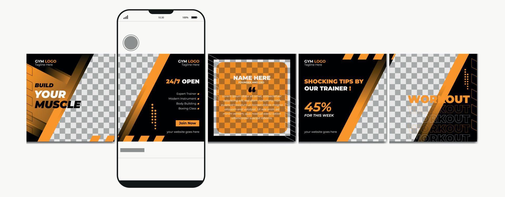 Carousel post template. Gym instagram microblog carousel post. Editable social media carousel post for fitness center. vector