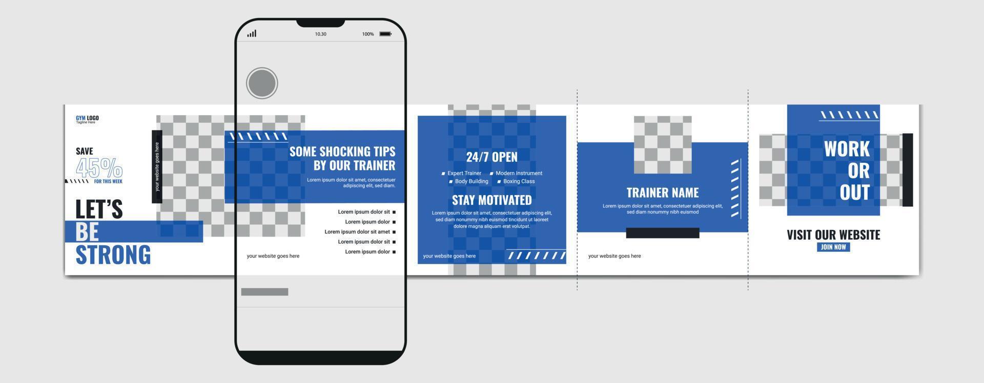 Carousel post template. Gym instagram microblog carousel post. Editable social media carousel post for fitness center. vector