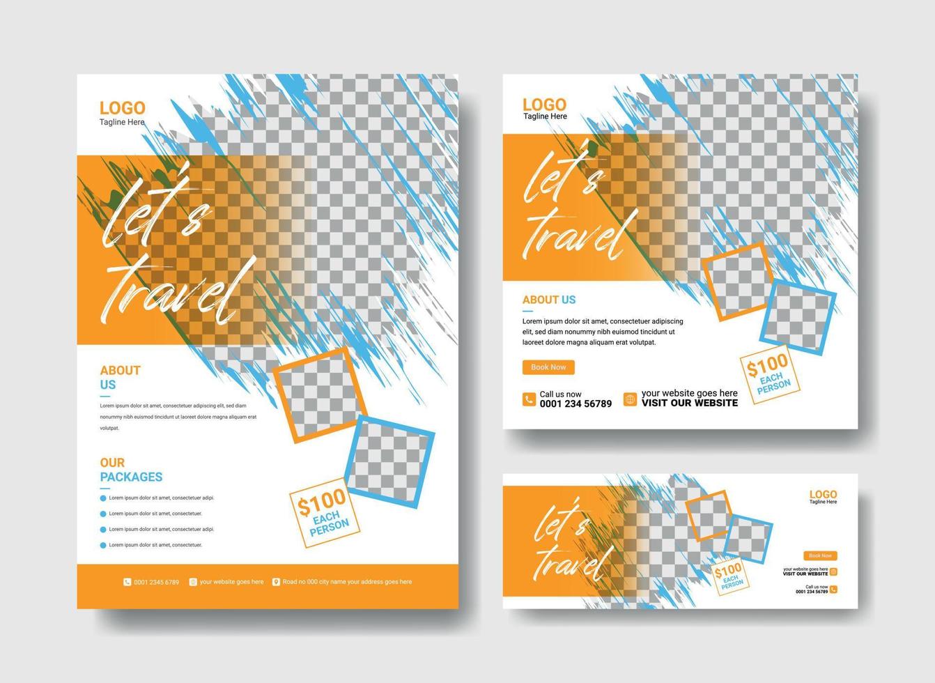 travel flyer design, social media post and faciebook cover design template vector