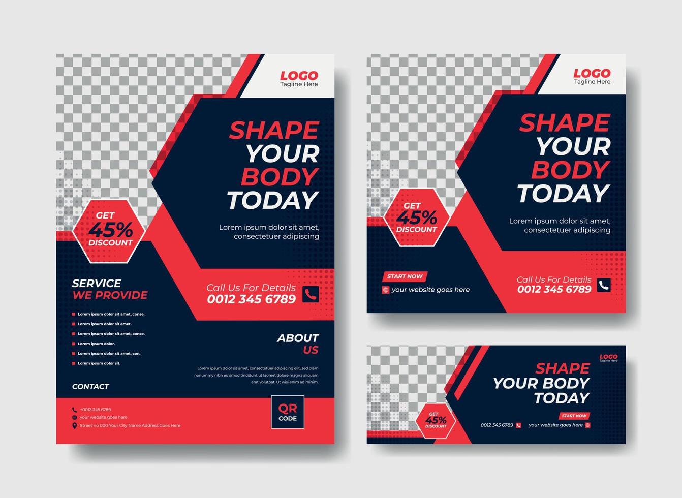 Gym flyer design, social media post and facebook cover design vector