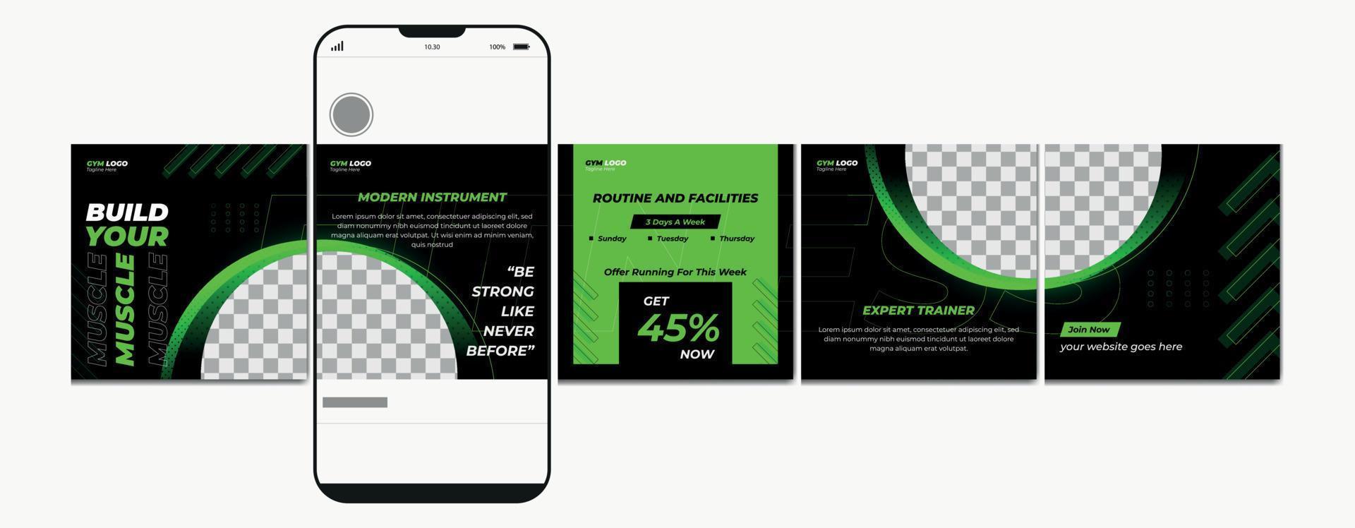 Carousel post template. Gym instagram microblog carousel post. Editable social media carousel post for fitness center. vector