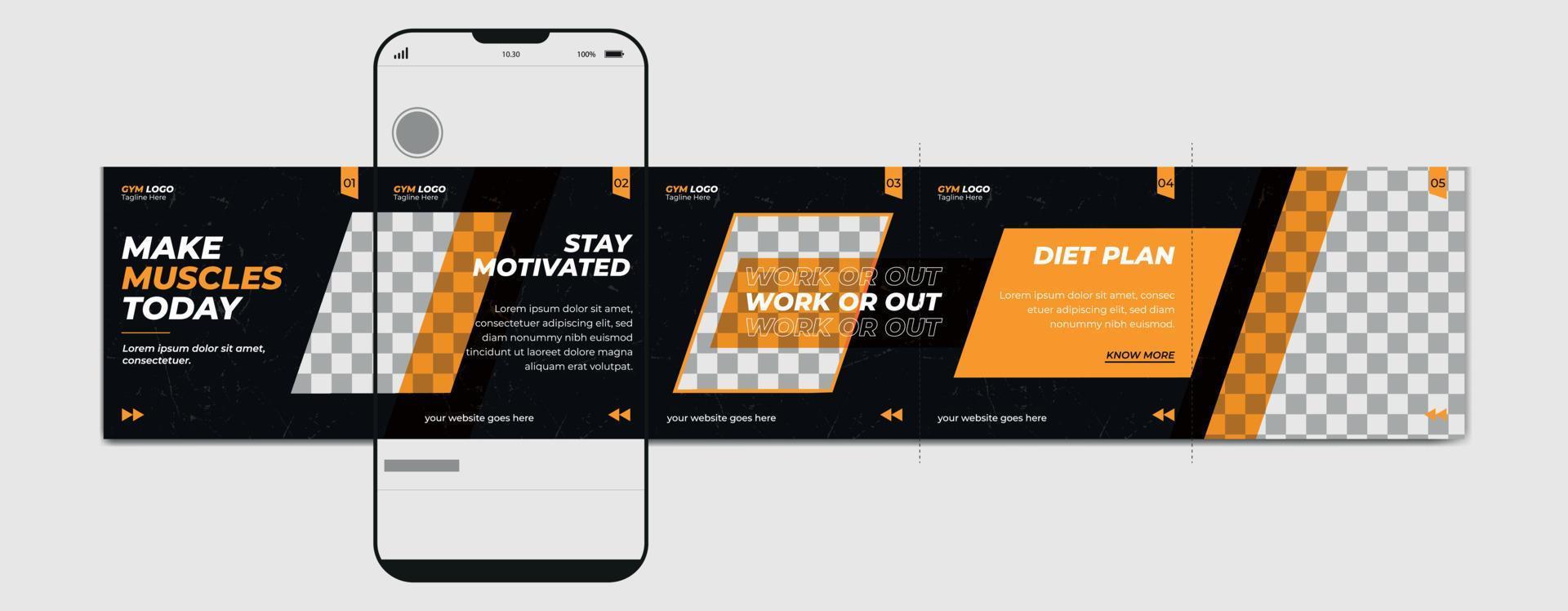 Carousel post template. Gym instagram microblog carousel post. Editable social media carousel post for fitness center. vector