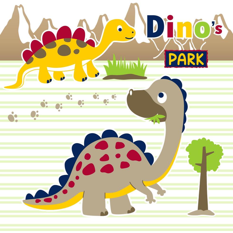 Funny dinosaurs on mountains background, vector cartoon illustration