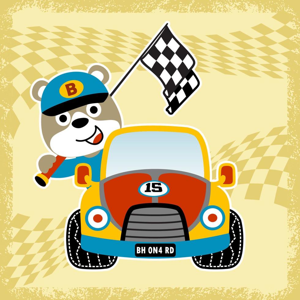 Cute bear on race car with finish flag, vector cartoon illustration