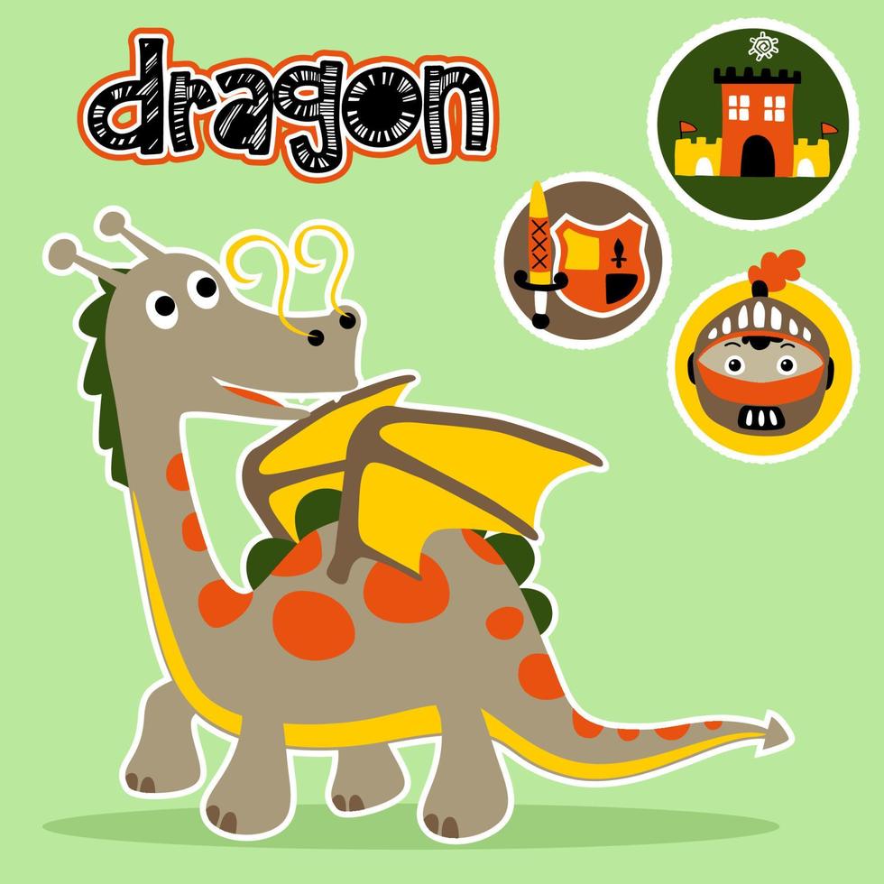 Funny dragon with fairytale elements, vector cartoon illustration