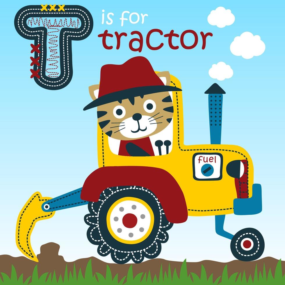 Funny cat on tractor, vector cartoon illustration