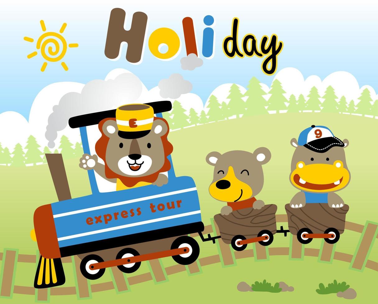 Funny animals on steam train, vector cartoon illustration