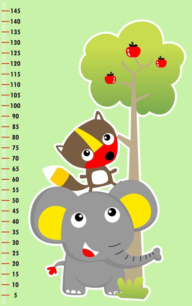 meter wall with funny elephant and squirrel, cute animals with fruit tree, vector cartoon illustration