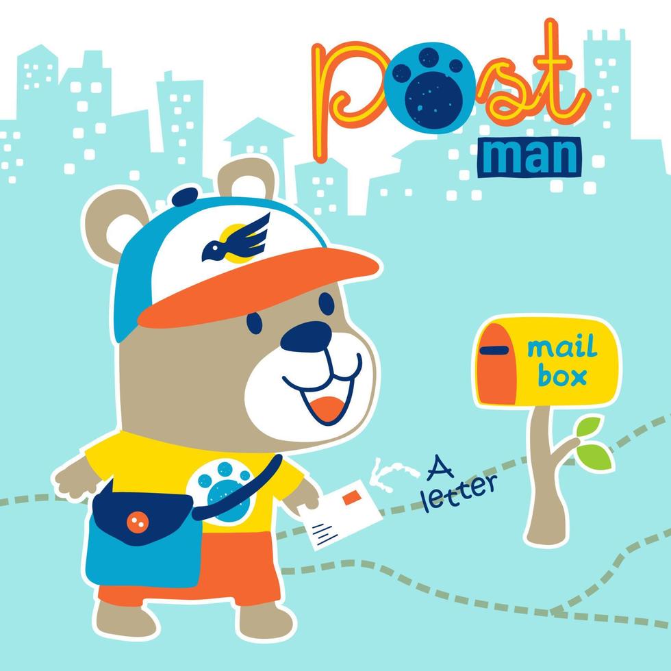 little bear the animals postman carrying letter with mail box, vector cartoon illustration