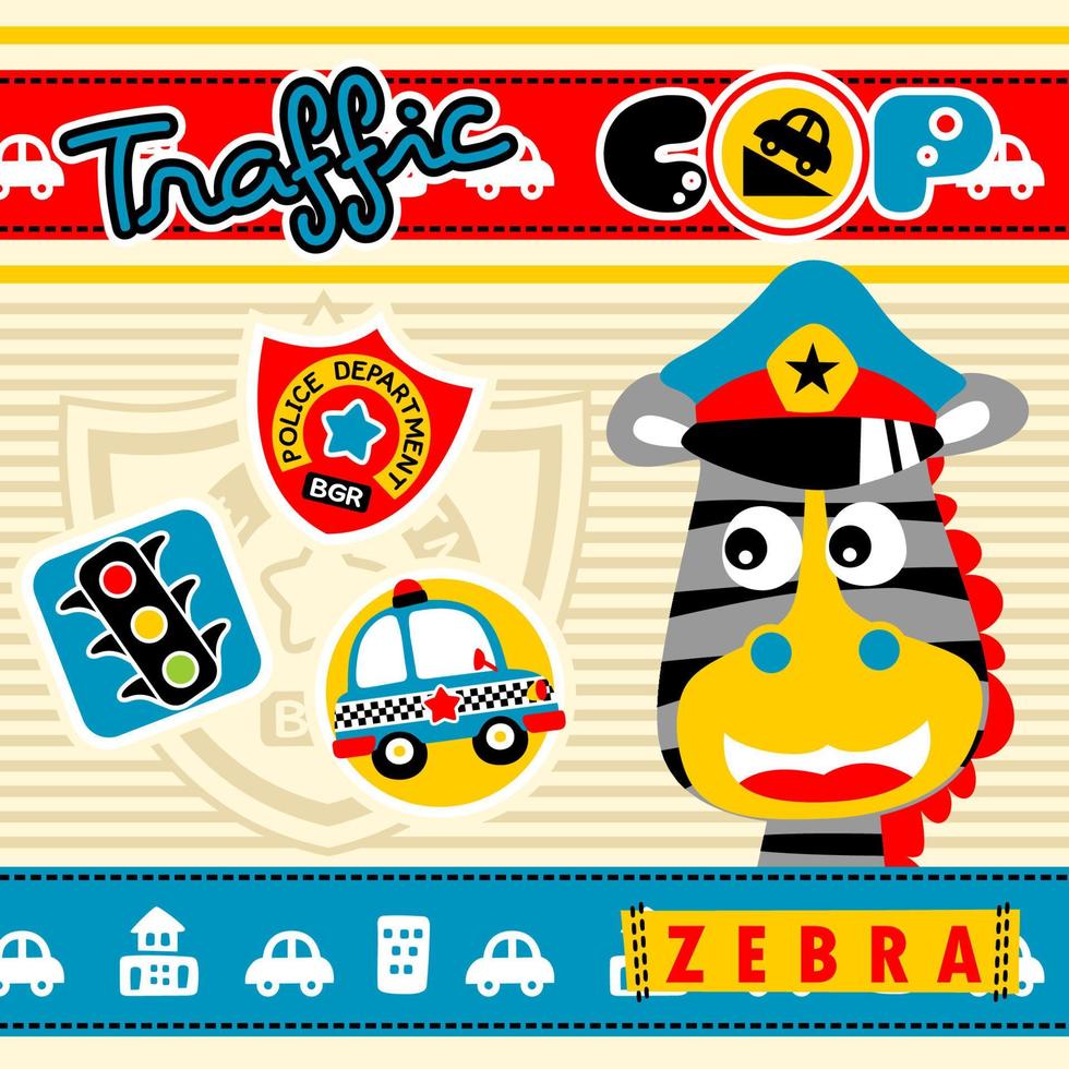 Cute zebra the animal cop with traffic elements on striped background, vector cartoon illustration
