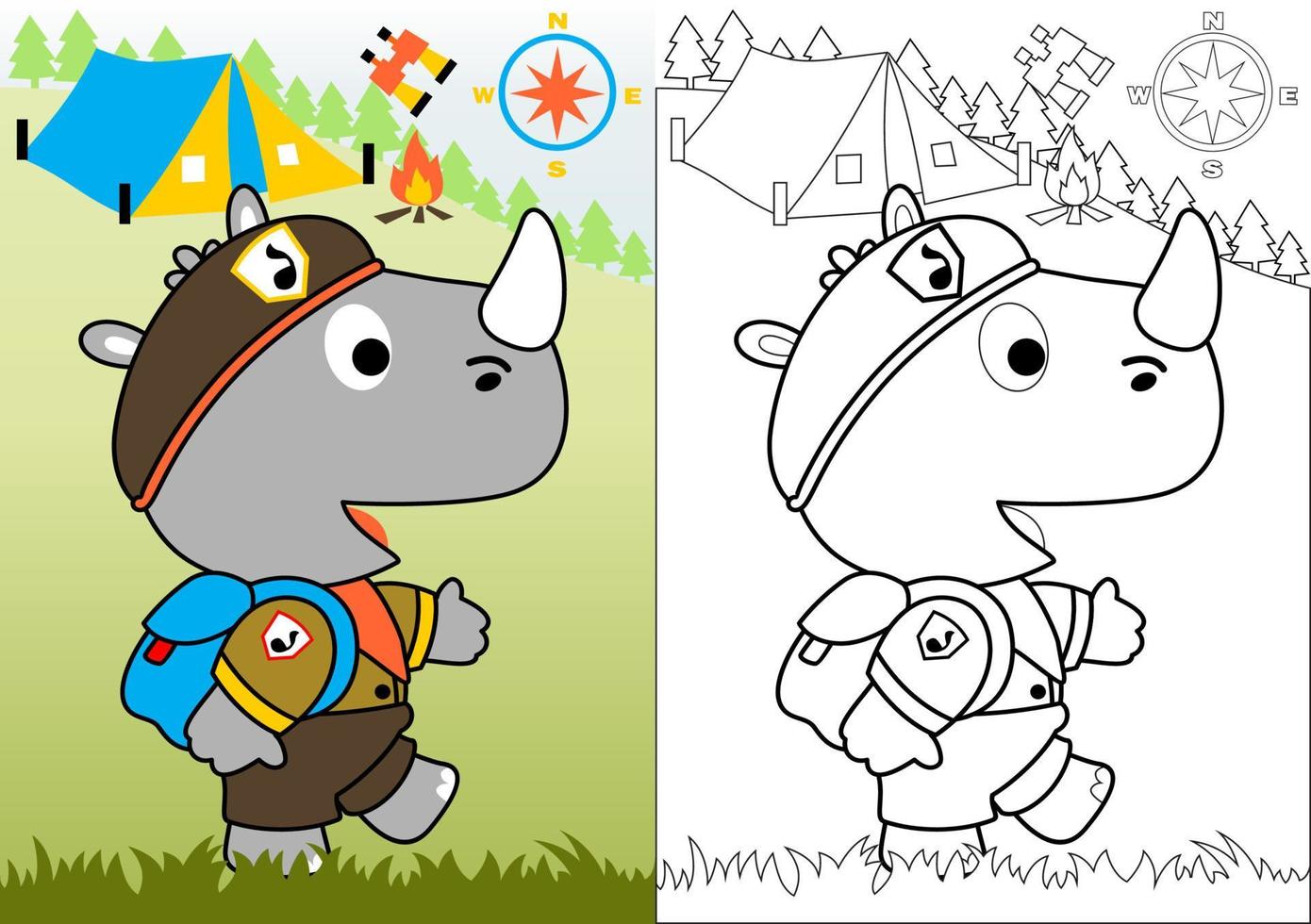 Little rhinoceros in scout uniform on camping ground background, vector cartoon illustration, coloring book or page