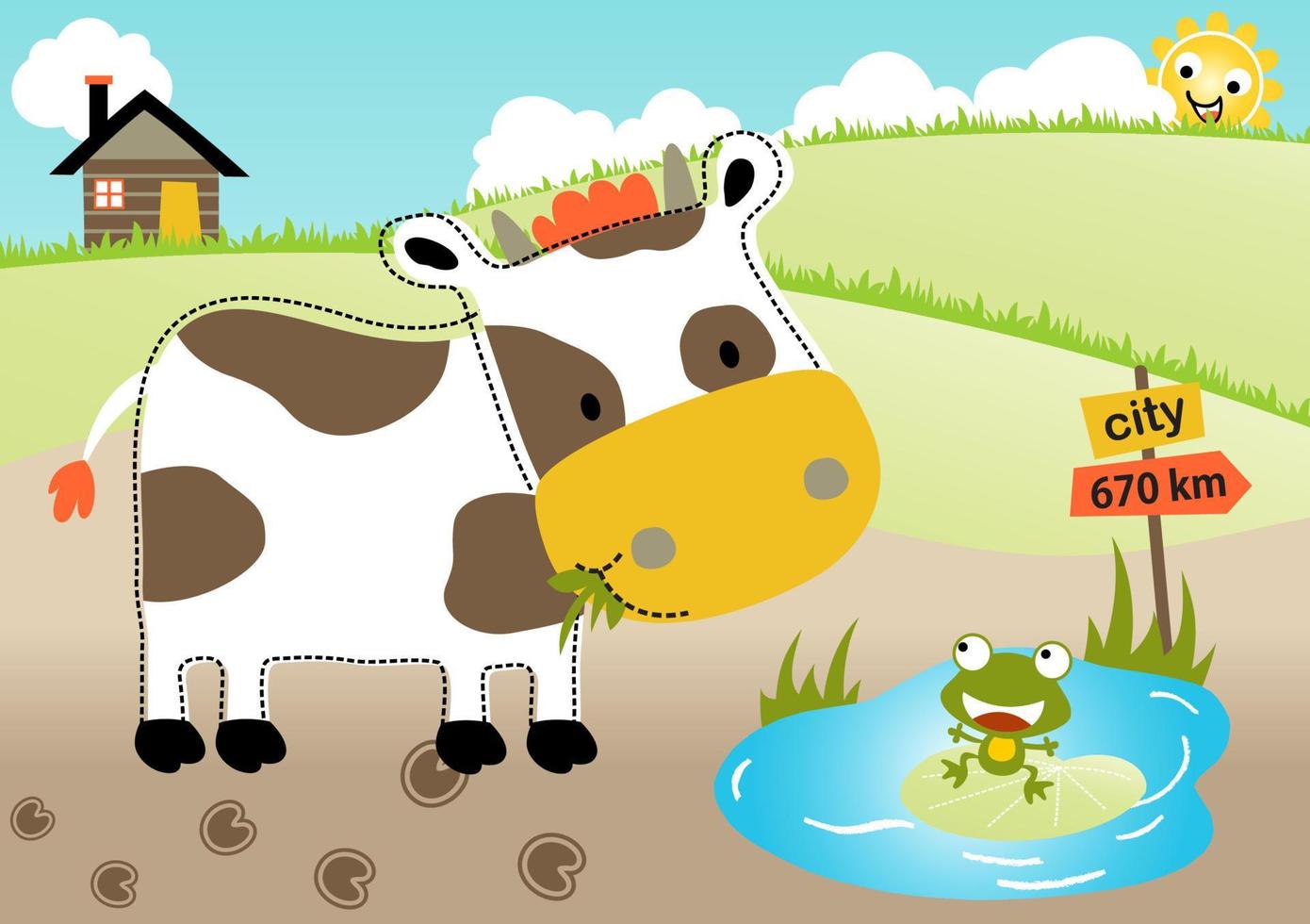 Funny cow and frog in farm field, vector cartoon illustration