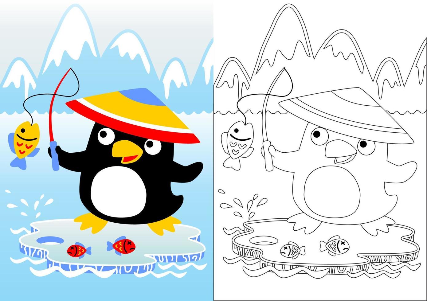 Funny penguin fishing, Vector cartoon illustration, coloring book or page