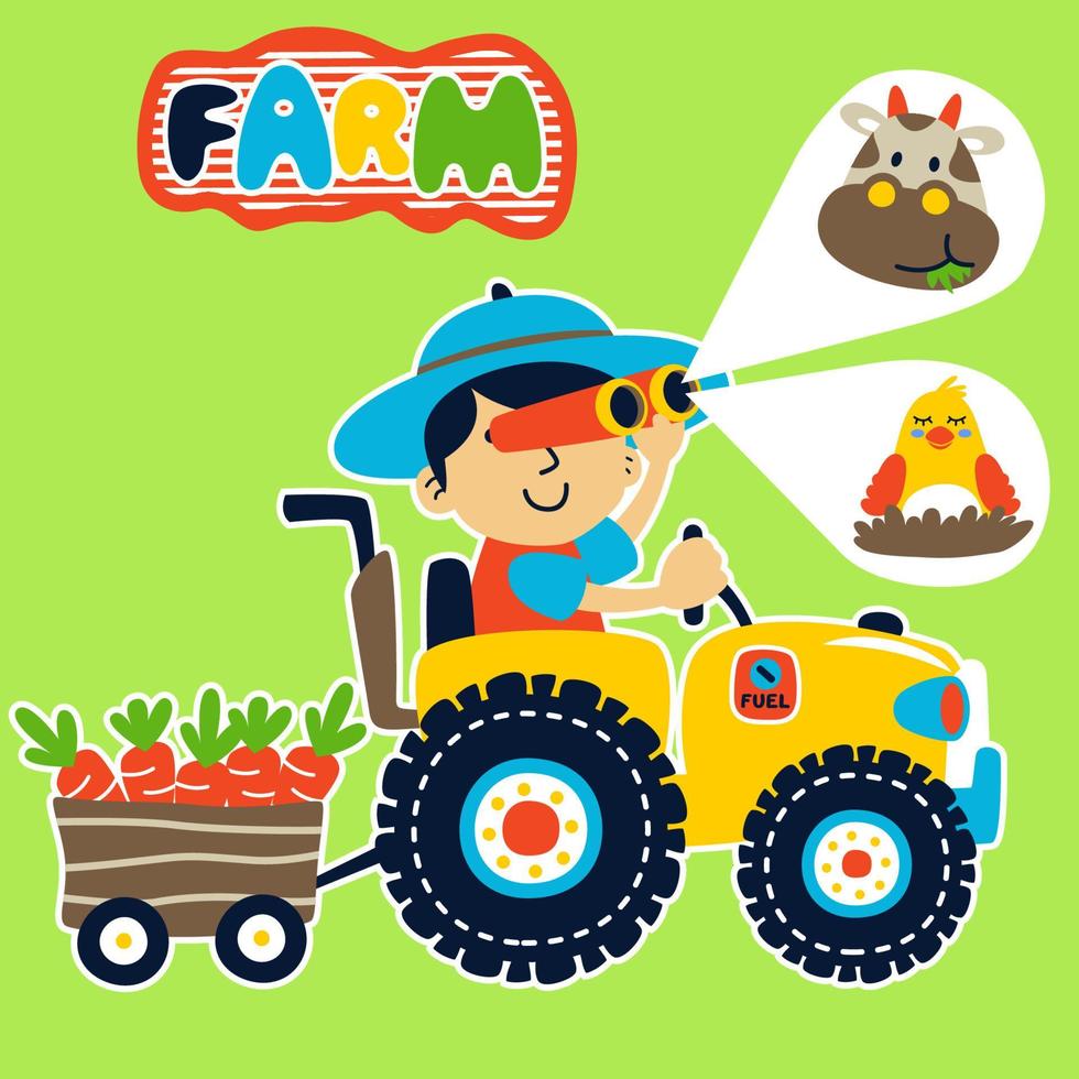 joven granjero conducción tractor cargando zanahorias, gracioso granja animales, vector dibujos animados ilustración