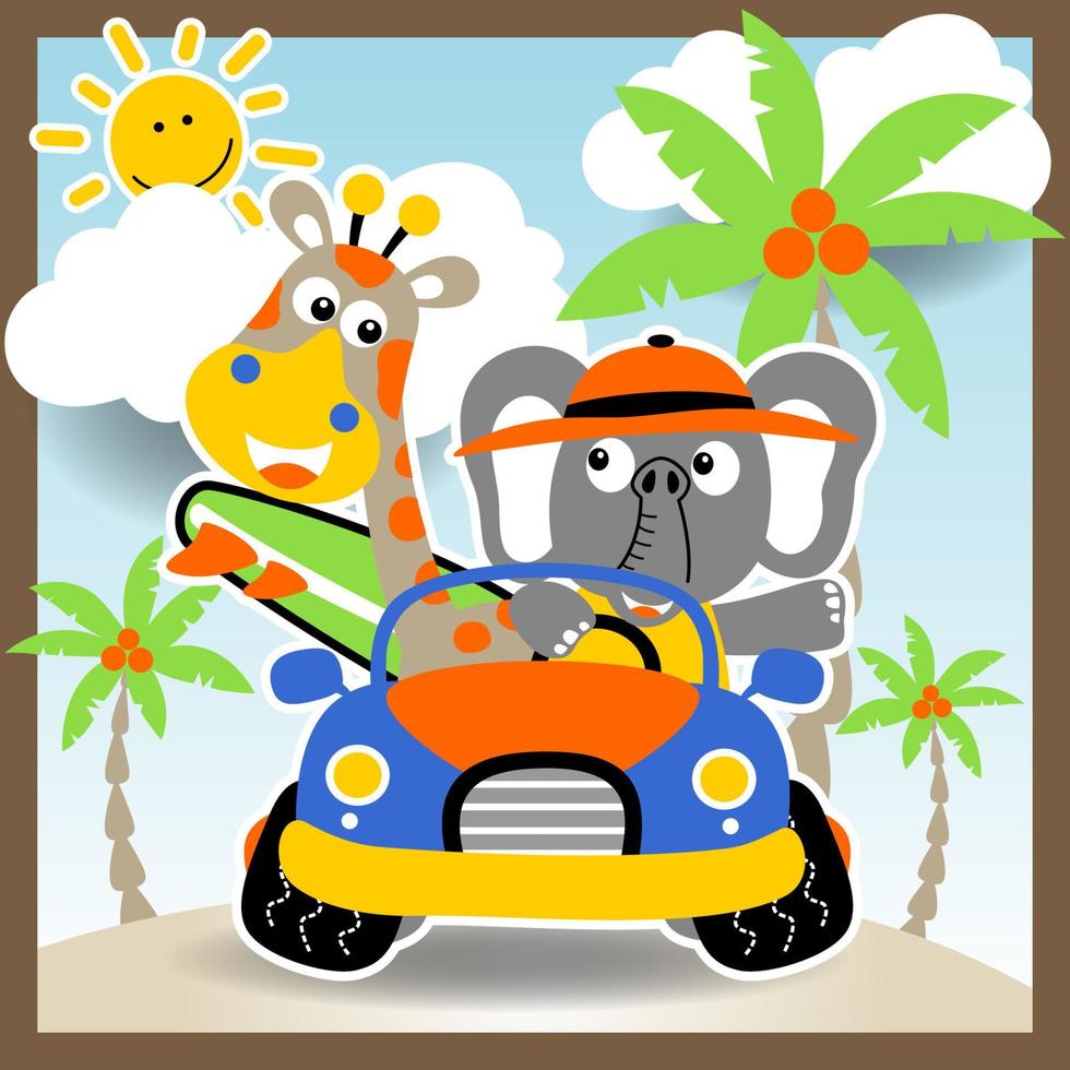 Funny giraffe and elephant on car in summer beach holiday, vector cartoon illustration