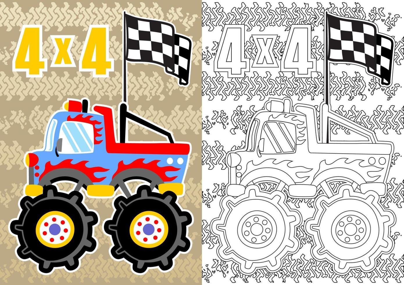 Monster truck with finish flag on tire track background, Vector cartoon illustration, coloring book or page