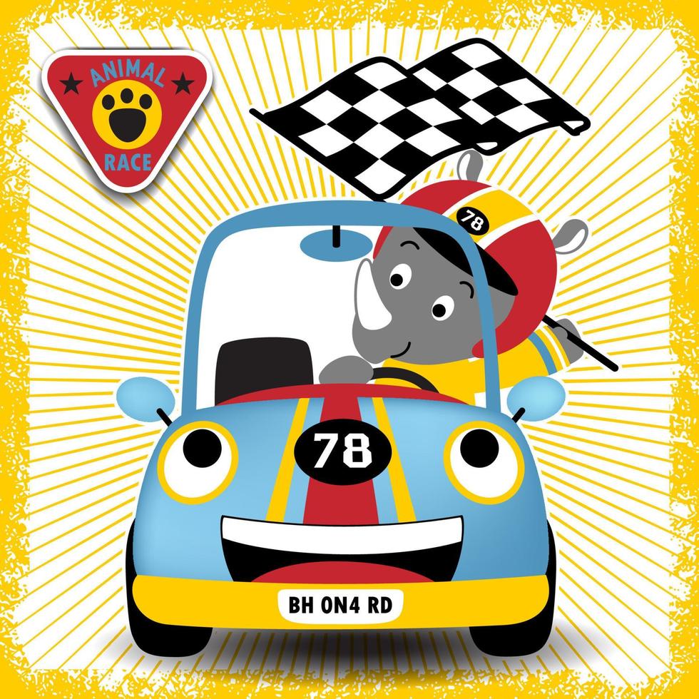 Little rhino holding finish flag on funny racing car with race logo, vector cartoon illustration