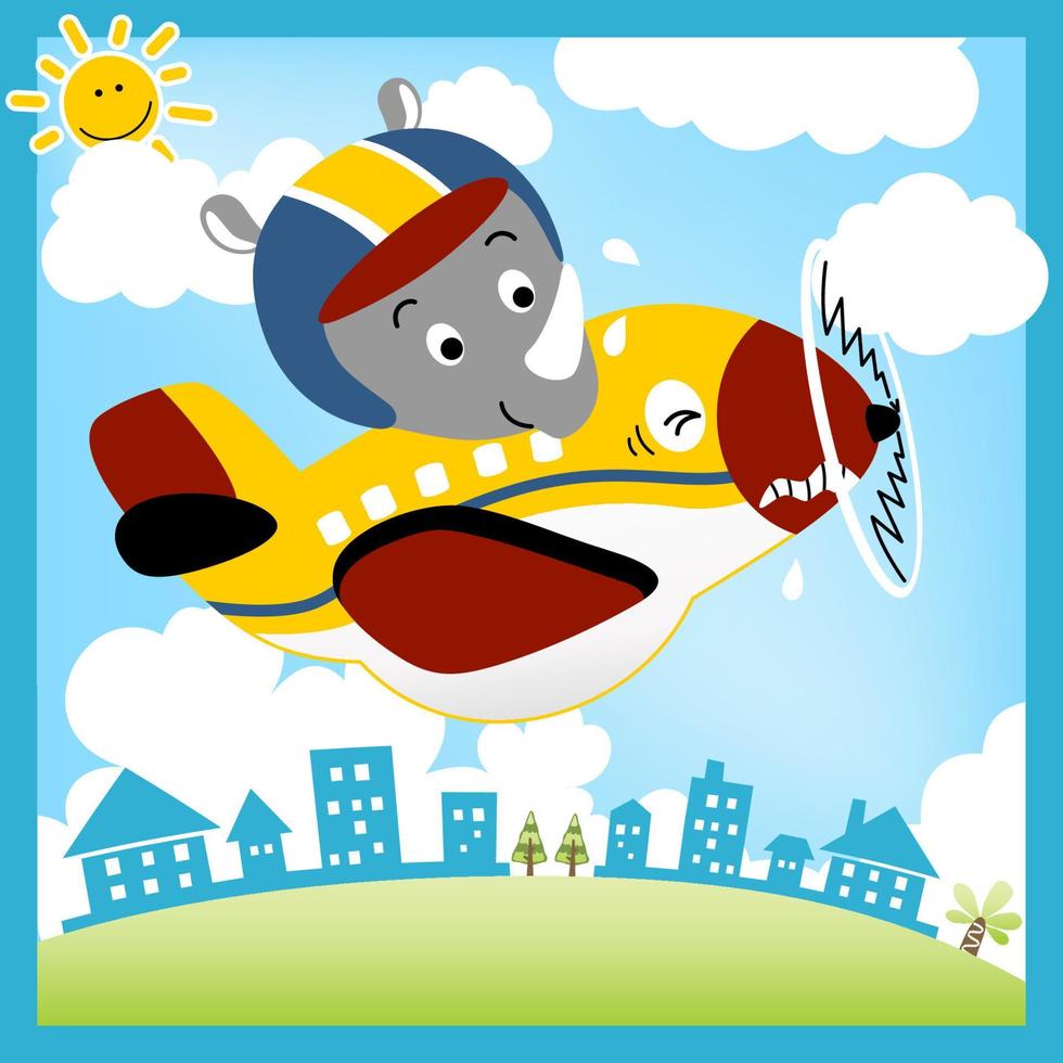 Cute rhino on funny airplane flying across buildings on blue sky clouds background with sun, vector cartoon illustration