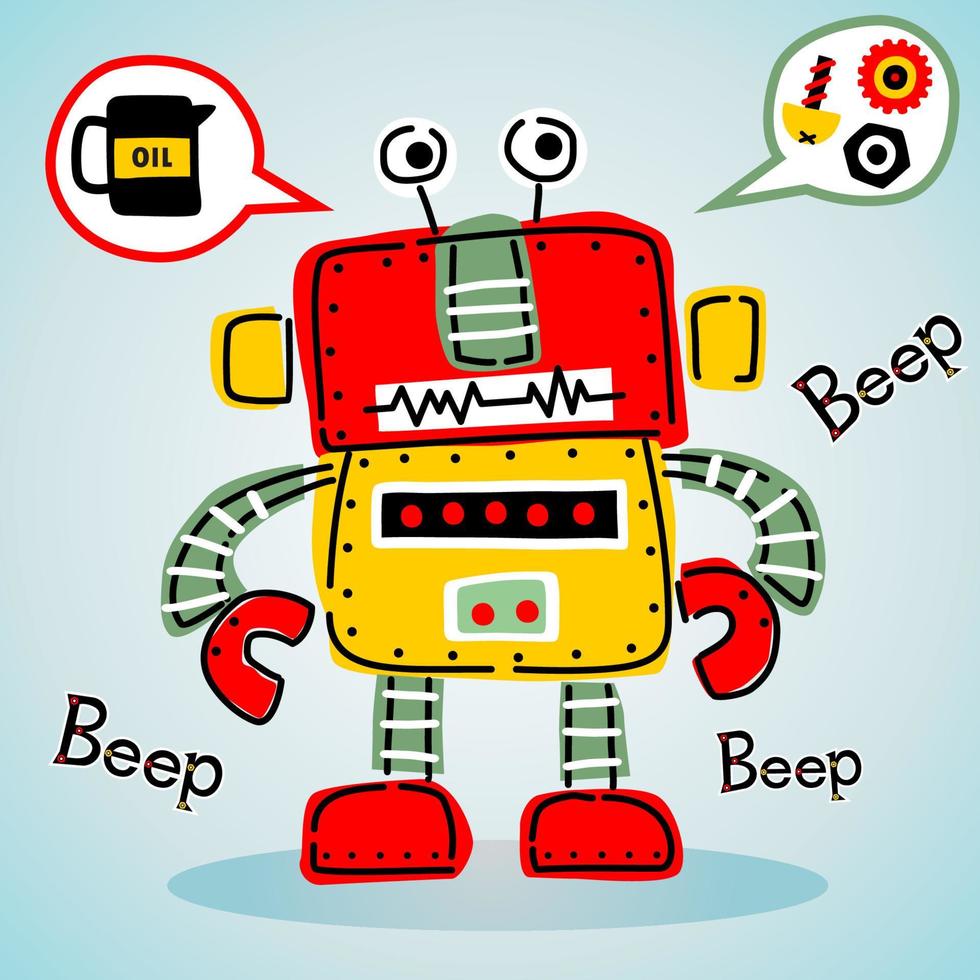 funny colorful robot with machine parts, vector cartoon illustration